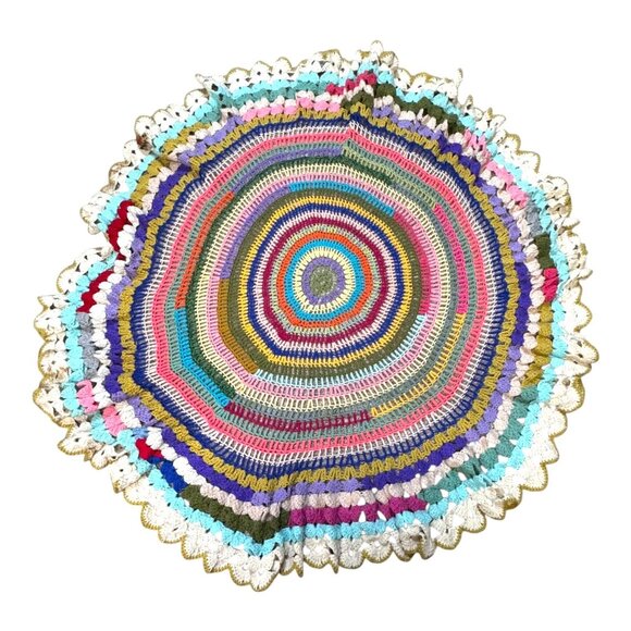 Vintage Handmade Round Crochet Doily Tablecloth Scalloped Edge Striped Large 58" - Picture 3 of 4